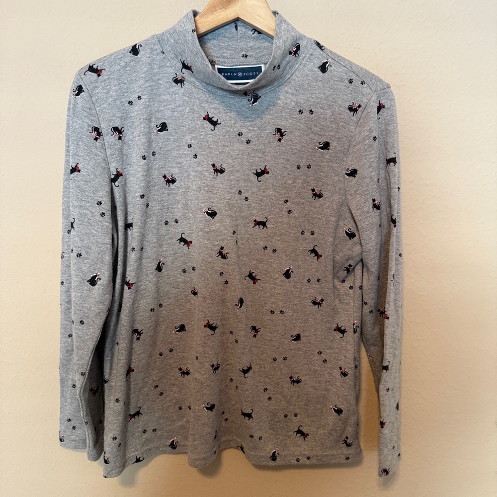 Karen Scott Christmas Cat Women’s Heather Gray Mock Top Petite Large Holidays